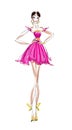 Creative sketch of a fashionable beautiful girl with very long legs in a bright pink dress