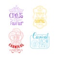 Creative sketch style vector emblems for circus and Mardi Gras carnival. Hand drawn signs with top of tent, masquerade Royalty Free Stock Photo