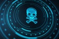 Creative skull hologram on dark background. Cyber attack and piracy concept. 3D Rendering