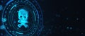 Creative skull hologram on dark wide blue background. Cyber attack and piracy concept.