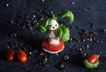 creative snowman canapes of mozzarella, tomatoes on a background of poinsettia