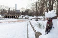 Creative Snowman in the form of a Snow Bear with a Scarf at Bethesda Terrace in Central Park in New York City during Winter Royalty Free Stock Photo