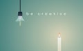 Creative solution business vector concept with broken lightbulb and candle light burning.