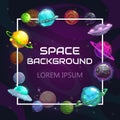 Creative space background with cartoon colorful fantasy planets.