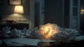 A Creative Space Filled with Crumpled Papers and a Glowing Light Source in a Dimly Lit Room Suggests Imagination and Inspiration Royalty Free Stock Photo