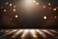 Creative sparkling dance floor stage, empty podium, dark golden background with lights, glittering confetti and bokeh