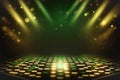 Creative sparkling dance floor stage, empty podium, green golden background with lights, sparkling confetti and bokeh