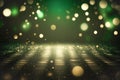 Creative sparkling dance floor stage, empty podium, green golden background with lights, sparkling confetti and bokeh
