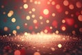 Creative sparkling dance floor stage, empty podium, red golden background with lights, glittering confetti and bokeh