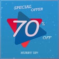 Creative Special Offer Discount Banner With 70% Off Hurry Up Text Design On Blue Red Triangle Label Tag