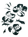 Set of elements of large apple flowers in black and white Japanese style