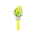 Creative spring bouquet with paint brush handle. Bright yellow tulip flowers with green leaves. Flat vector icon Royalty Free Stock Photo