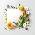 Creative spring flower composition with frame on white background. Illustration for greeting card. Copy space. Flat lay