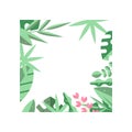 Creative square frame of green tropical leaves and little pink flowers. Natural border. Flat vector design for poster Royalty Free Stock Photo