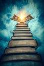 Creative stack of books leading to an illuminated open book in the sky against a clouded background Royalty Free Stock Photo