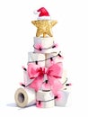 Toilet Paper Roll Stack Tree with Pink Lights and Large Pink Bow Royalty Free Stock Photo