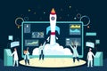 Creative startup, rocket launch by tiny team of people working on spaceship takeoff