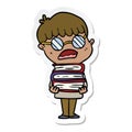 A creative sticker of a cartoon boy with books wearing spectacles