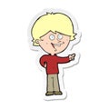 A creative sticker of a cartoon boy laughing and pointing