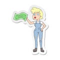 A creative sticker of a cartoon confident farmer woman with money