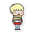 A creative sticker of a cartoon exhausted boy holding book