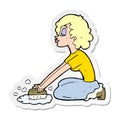 A creative sticker of a cartoon woman scrubbing floor