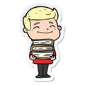 A creative sticker of a happy cartoon man with stack of books Royalty Free Stock Photo