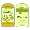 Creative stickers for olive oil with green olives. Vector labels used for advertising organic olive products. Royalty Free Stock Photo