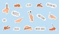 Creative stickers set with hands holding art brushes flat vector illustration. Royalty Free Stock Photo