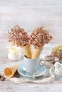 Creative still life with dried hydrangea flowers in wafer cones