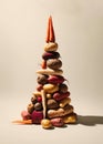 Creative still life. Pyramid of various roots and vegetables. Vegetarianism concept. Alternative Christmas tree for Royalty Free Stock Photo