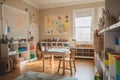 creative and stimulating home school environment with books, art supplies, and technological tools