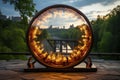 a creative structure of round wood sign with glowing bulbs