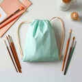 Creative Studio Essentials Mint Drawstring Bag with Artist Brushes and Craft Supplies on a White Background Royalty Free Stock Photo