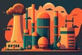 Creative style graphic of a nuclear power plant with reactors and pipes, steam and cooling water flowing