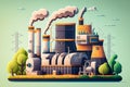 Creative style graphic of a nuclear power plant with reactors and pipes, steam and cooling water flowing