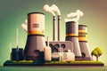 Creative style graphic of a nuclear power plant with reactors and pipes, steam and cooling water flowing