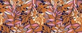 Creative stylized branches leaves stems seamless pattern. Abstract tropical floral printing on a saturated yellow background.