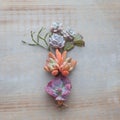 Creative succulent echeveria flowers composition on vintage wooden background, top view Royalty Free Stock Photo