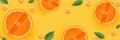 Creative background composition with orange slices, Vinamin C, pills, leaves yellow background. Minimal Health Concept Royalty Free Stock Photo