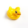 Creative summer beach concept. Inflatable mini yellow chicken or duckling on white background, pool float party. Flat lay copy