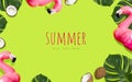 Creative summer beach concept. Inflatable pink mini flamingo tropical leaf monstera coconut on green background, pool float party