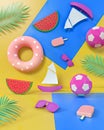 Creative Summer beach party concept on yellow background. 3D Illustration of ice cream, ball, watermelon, sunglasses, palm leaf, Royalty Free Stock Photo