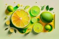 Creative summer composition with fresh lime fruits and leaf shadow on a pastel background. Minimal food concept. Generative AI