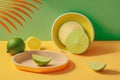 Creative summer composition with fresh lime fruits and leaf shadow on a pastel background. Minimal food concept. Generative AI