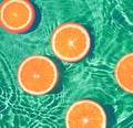 Creative  composition made of sliced orange in transparent pool water. Refreshment concept. Healthy refreshing drink theme. Royalty Free Stock Photo