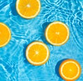 Creative summer composition made of sliced orange in transparent pool water. Refreshment concept. Healthy refreshing drink theme. Royalty Free Stock Photo