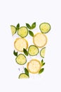 Creative summer drink composition. With lemon slices, mint leaves, cucumber and ice cubes. Minimal flat lay lemonade drink Royalty Free Stock Photo