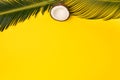 Creative summer flat lay with coconut, and palm leaves and yellow color Royalty Free Stock Photo