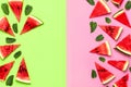 Creative summer food concept. Watermelon pattern. Juicy slices of ripe red watermelon and mint leaves on multicolored pink and